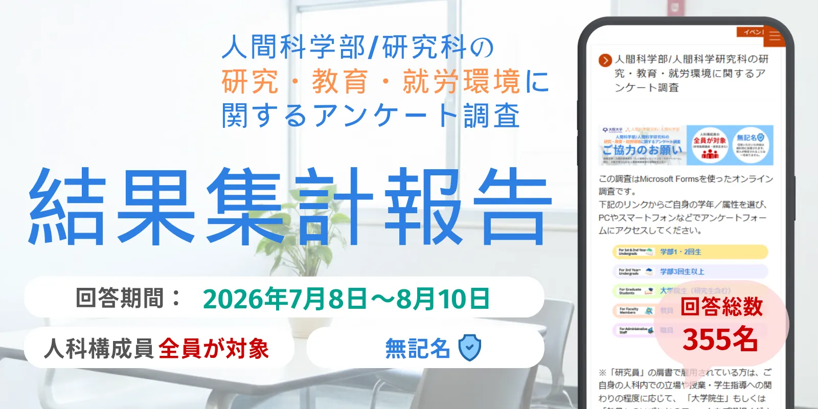 人間科学部/研究科の研究・教育・就労環境に関するアンケート調査 結果集計報告。回答期間2026年7月8日〜8月10日、人科構成員全員が対象、無記名、回答総数355名